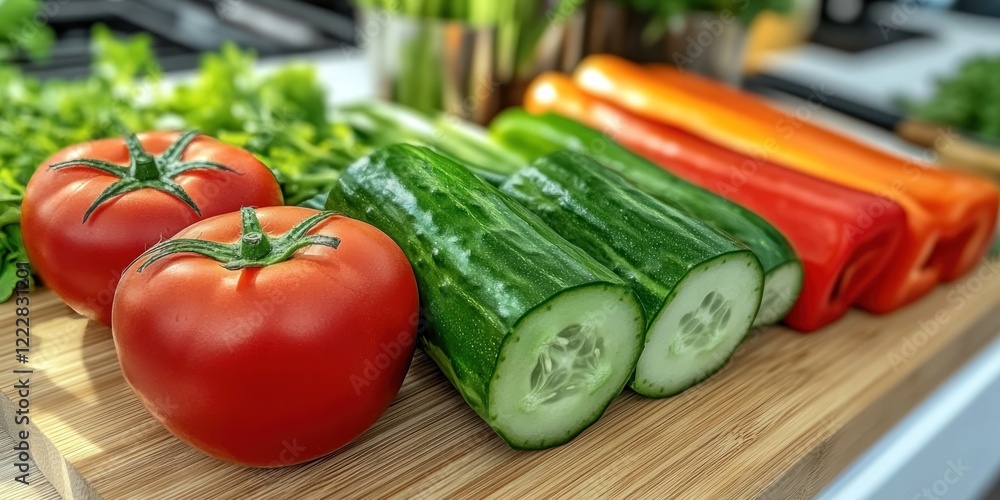 A vibrant close-up of fresh organic vegetables, including ripe tomatoes, crisp cucumbers, and colorful bell peppers, arranged on a rustic wooden cutting board. A vibrant close-up of fresh organic vegetables, including ripe tomatoes, crisp cucumbers, and colorful bell peppers, arranged on a rustic wooden cutting board.
