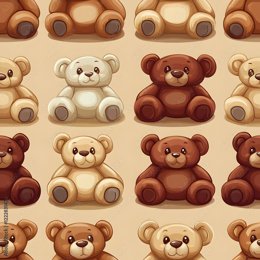 Fototapeta premium A cute pattern of cartoon teddy bears in various colors on a light background.