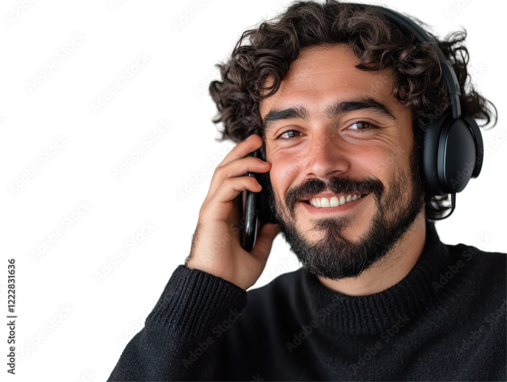 Isolated Man with Headphones and Phone Smiling Isolated Man with Headphones and Phone Smiling