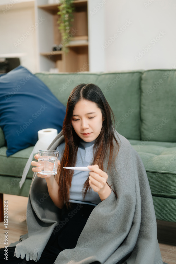 Young Asian woman suffering from flu symptoms, covered with a blanket on a sofa. Concept of illness, healthcare, Young Asian woman suffering from flu symptoms, covered with a blanket on a sofa. Concept of illness, healthcare,