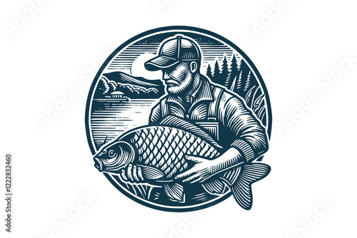 Vintage engraving of a fisherman with a carp in a natural setting