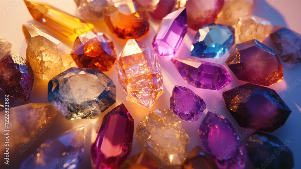 A vibrant array of gemstones, each with its own unique color and shape, is scattered across a white background. A vibrant array of gemstones, each with its own unique color and shape, is scattered across a white background.