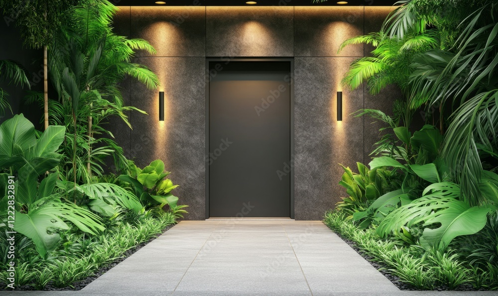 Naklejka premium modern entrance with lush greenery and ambient lighting creating serene atmosphere