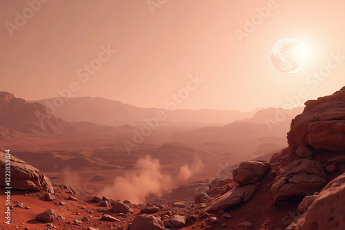 Mars rocky terrain under pale pink sky with floating dust
