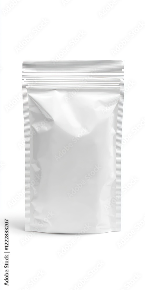 A plain white resealable pouch suitable for packaging various products. A plain white resealable pouch suitable for packaging various products.