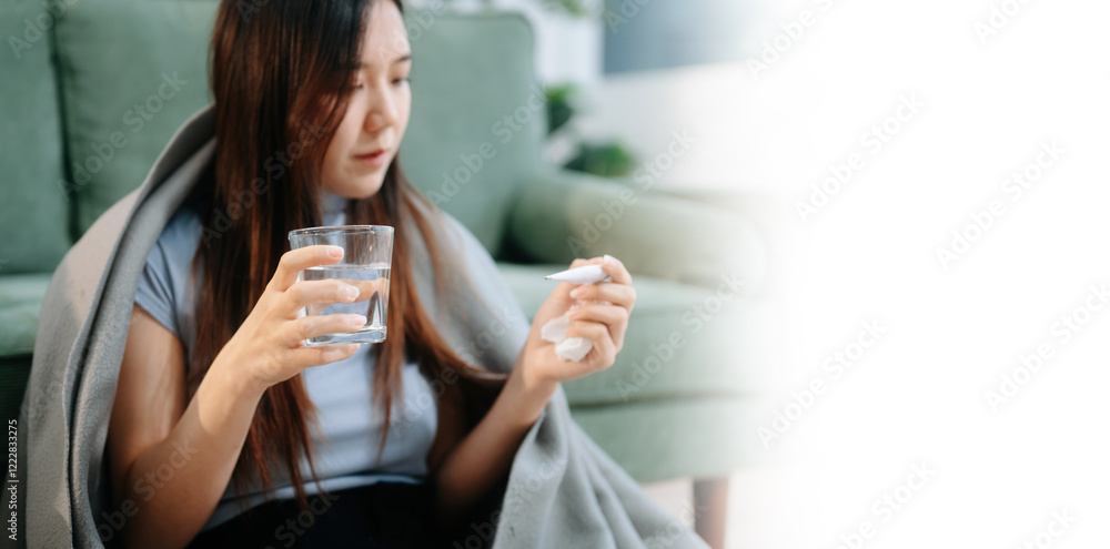 Young Asian woman suffering from flu symptoms, covered with a blanket on a sofa. Concept of illness, healthcare, Young Asian woman suffering from flu symptoms, covered with a blanket on a sofa. Concept of illness, healthcare,