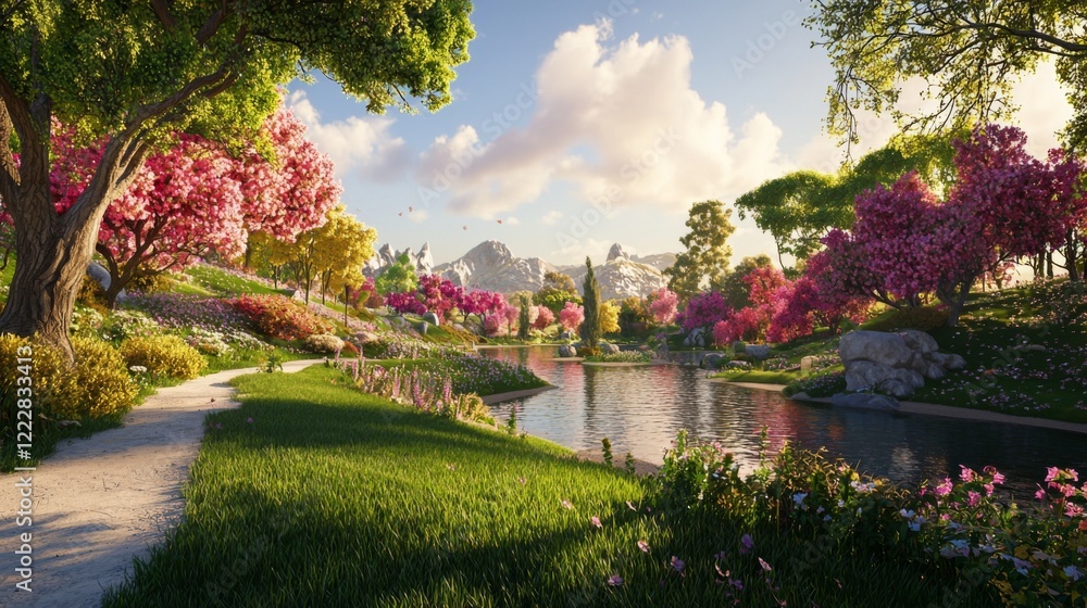 Fototapeta premium Serene Landscape with Blooming Cherry Trees, Reflective Water, and Lush Greenery in a Vibrant Spring Setting