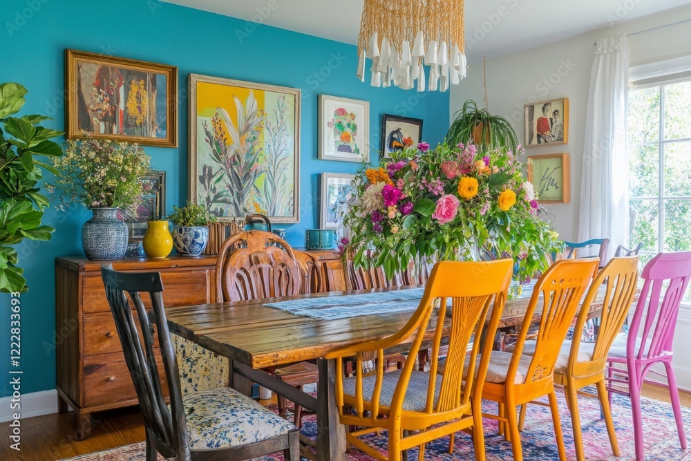 Obraz premium Vibrant Dining Room with Colorful Chairs and Floral Centerpiece