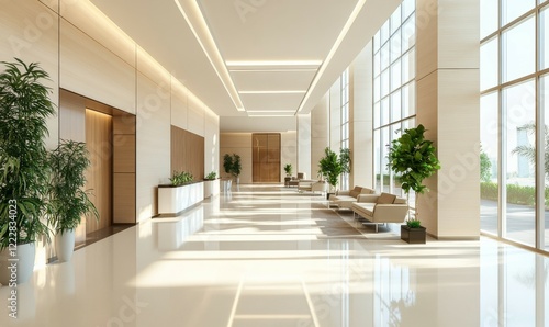 Modern hospital lobby with clean lines, minimalistic furniture, and ample natural light.