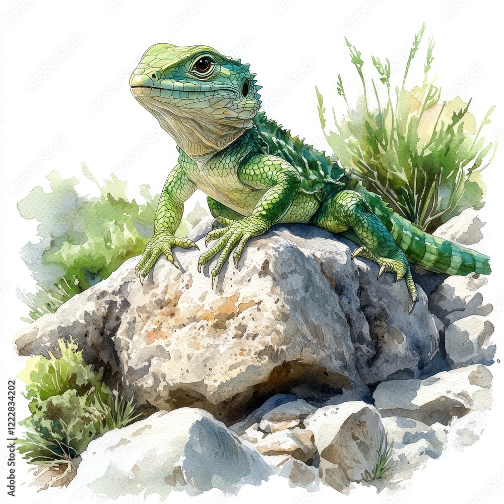A vibrant green lizard perched on a rocky surface, surrounded by lush greenery and natural elements A vibrant green lizard perched on a rocky surface, surrounded by lush greenery and natural elements