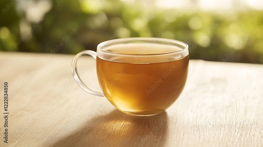 A scene with freshly brewed chamomile tea on a light wooden dining table. A scene with freshly brewed chamomile tea on a light wooden dining table.