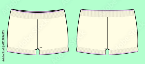 Knitted Underwear, fashion flat sketch, CAD, mockup, template, Women, Girls, Front and Back view Outline Drawing. 