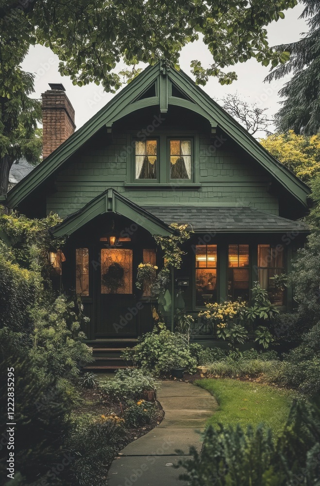 Nestled on a serene street, a delightful green cottage stands gracefully, enveloped by a vibrant and lush garden as twilight softly descends Nestled on a serene street, a delightful green cottage stands gracefully, enveloped by a vibrant and lush garden as twilight softly descends