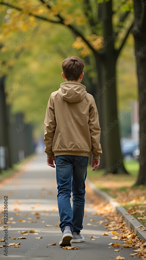 Fototapeta premium A teenager walking on a tree-lined sidewalk, wearing a lightweight jacket made from organic hemp, surrounded by autumn leaves under soft natural light