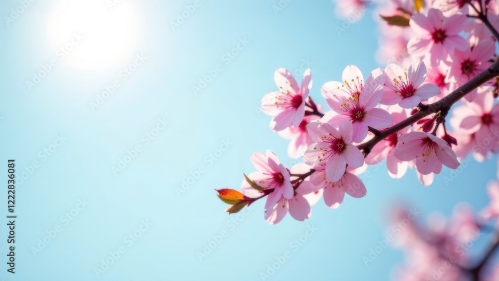 delicate pink cherry blossoms on branches against a soft blue sky with natural light creating a serene and minimal composition, concept of floral decoration, nature, and wellness delicate pink cherry blossoms on branches against a soft blue sky with natural light creating a serene and minimal composition, concept of floral decoration, nature, and wellness