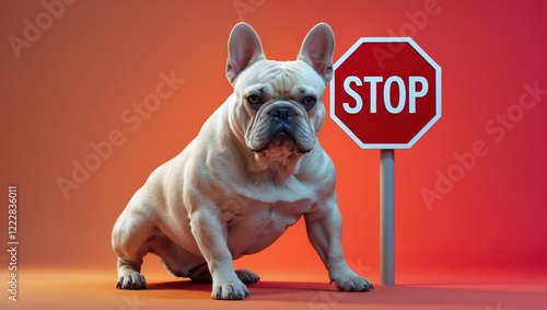 A French Bulldog sits beside a red stop sign, set against a vibrant gradient background, combining playful imagery with a clear message.