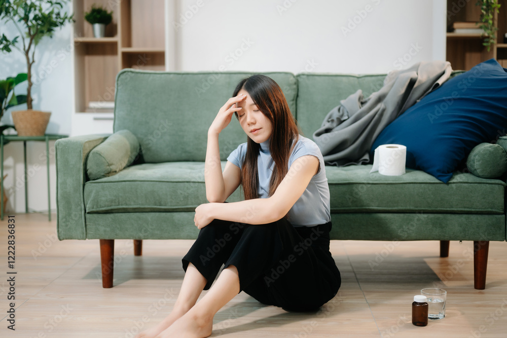 Asian woman sit Depression Dark haired pensive glance Standing by window and anxiety Copy space with a blanket Asian woman sit Depression Dark haired pensive glance Standing by window and anxiety Copy space with a blanket