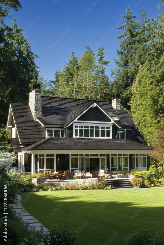 Beautiful house surrounded by lush greenery in a serene forest setting, showcasing modern architecture and inviting outdoor space Beautiful house surrounded by lush greenery in a serene forest setting, showcasing modern architecture and inviting outdoor space