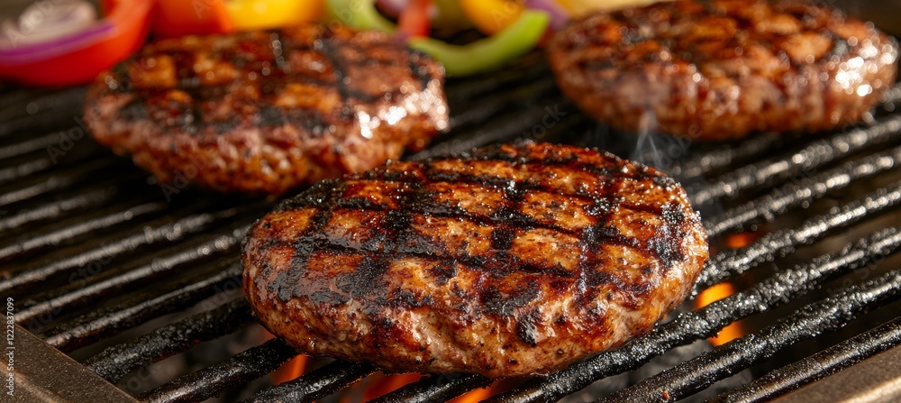 Grilled Burger Patties on Hot Grill, Close-Up, Food Photography, Flames, Smoke, Stock Image