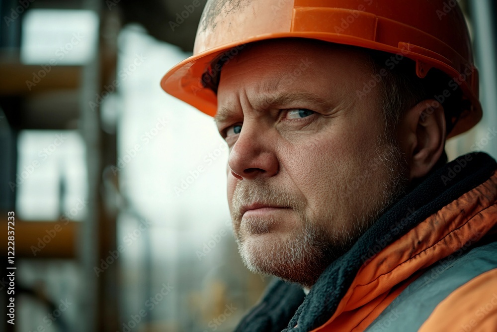 Focused construction worker in safety gear observing the site during a cloudy day Focused construction worker in safety gear observing the site during a cloudy day