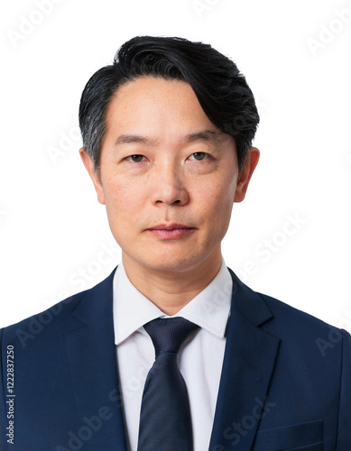 ダークスーツを着た中高年男性の証明写真。白背景に上半身