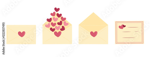 Lovely envelopes with love letters with hearts isolated on white background. Hand drawn vector illustration in flat style. Happy Saint Valentines Day, love concept, message, communication