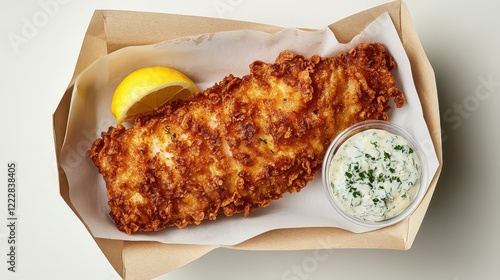 Crispy fried fish fillet served with lemon wedge and creamy sauce in a takeout container photo