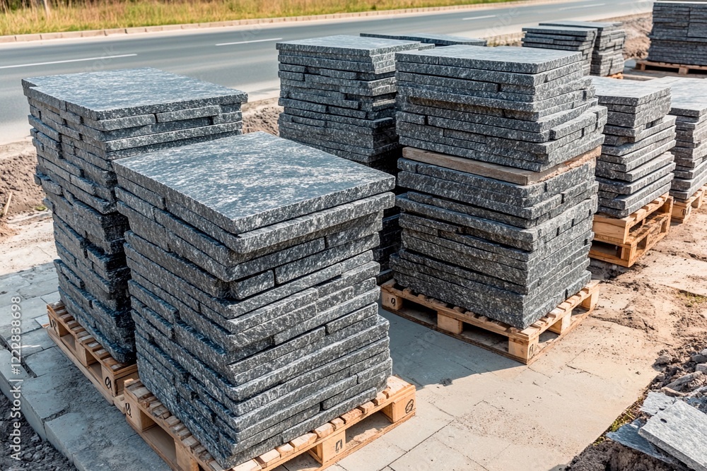 Stacks of grey stone slabs await installation along a rural road in bright daylight Stacks of grey stone slabs await installation along a rural road in bright daylight