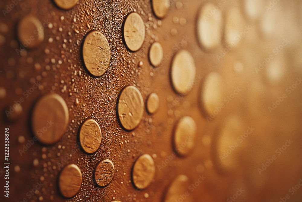 Close-up view of textured copper surface with water droplets, showcasing intricate patterns and reflections