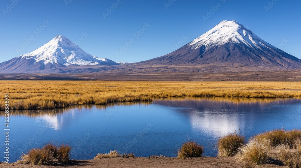 Andean lake reflects snow-capped volcanoes, travel poster Andean lake reflects snow-capped volcanoes, travel poster
