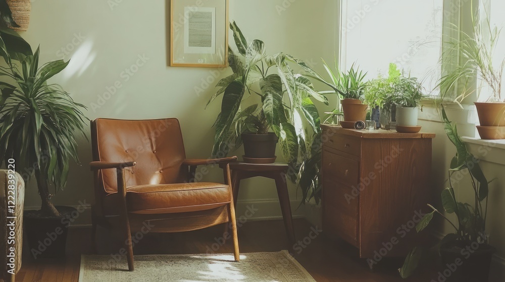 Fototapeta premium Leather Chair and Abundant Houseplants in Sunlit Room