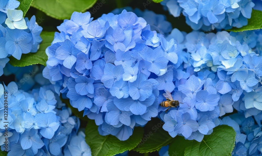Honey bee collecting nectar from blue hydrangea flower Honey bee collecting nectar from blue hydrangea flower