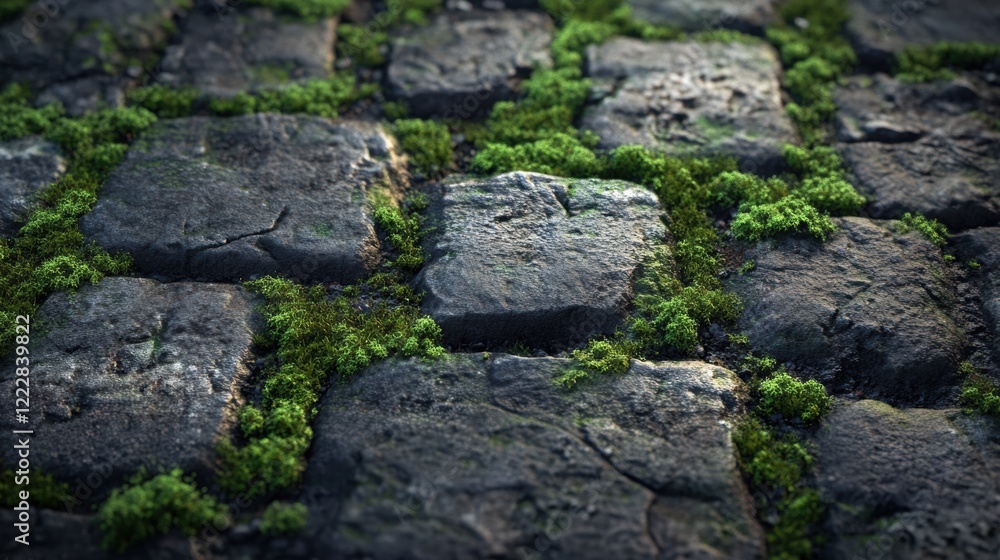 A close-up view of a cobblestone path, with moss growing on the stones. A close-up view of a cobblestone path, with moss growing on the stones.