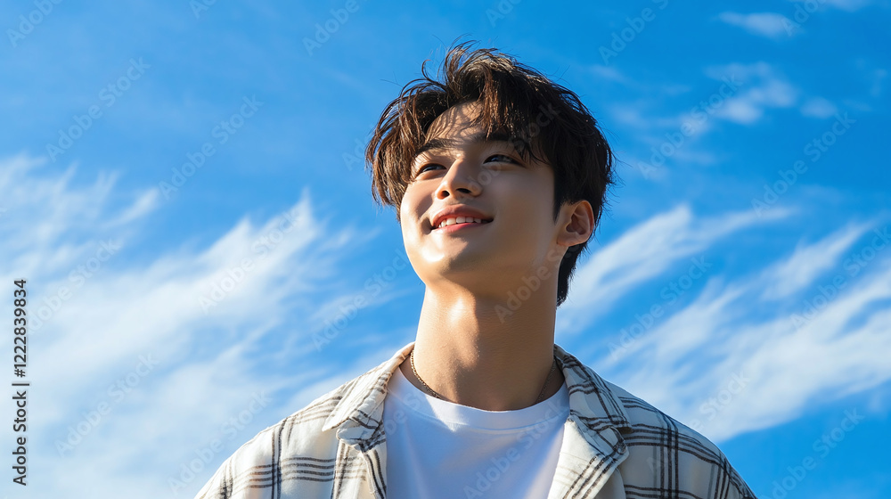 Portrait of smiling Asian teenage boy in T-shirt and shirt, with disheveled hair against blue sky Portrait of smiling Asian teenage boy in T-shirt and shirt, with disheveled hair against blue sky
