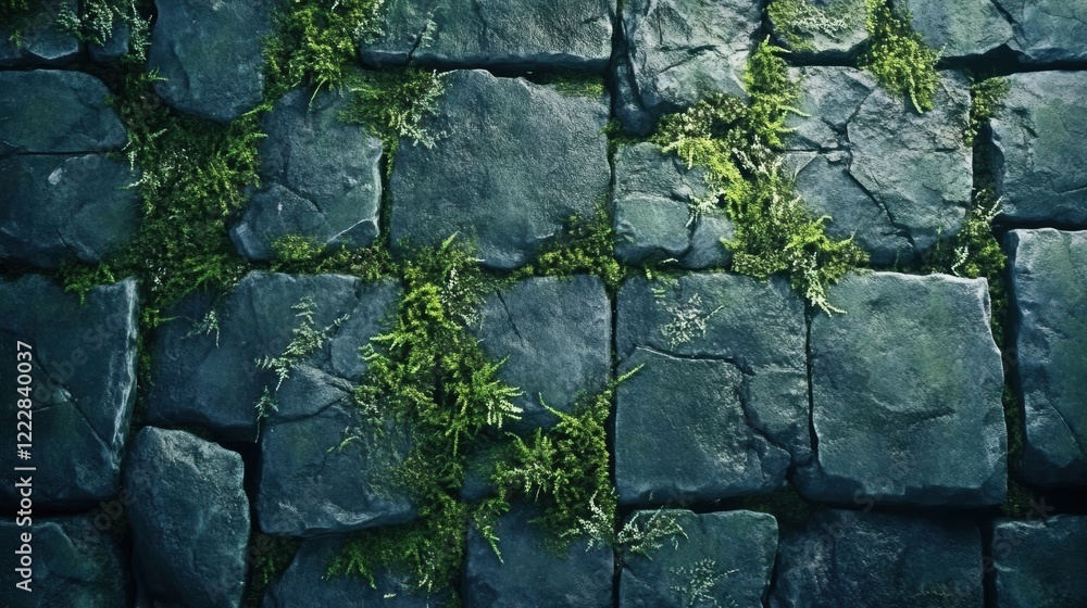 A close-up view of a moss-covered stone wall. A close-up view of a moss-covered stone wall.