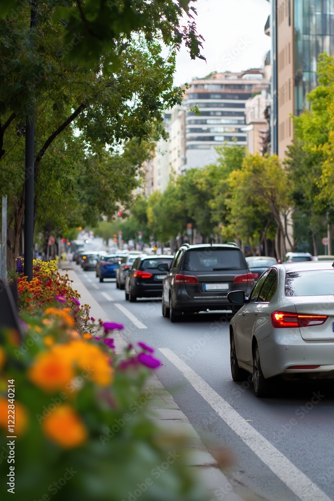Obraz premium A busy street with cars and a line of flowers. The cars are stopped at a red light