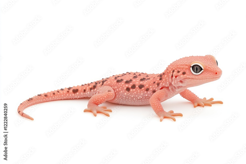 Naklejka premium A vibrant pink gecko with distinctive spots gracefully posed on a white surface, showcasing its unique features