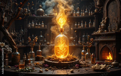 Obraz na płótnie stunning design of perfumery laboratory with bottle with magic golden liquid. Digital artwork. Ai generated. w salonie
