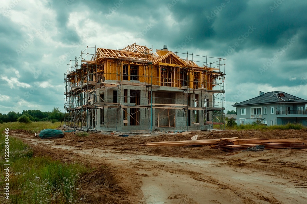 Obraz premium New residential building under construction in a rural landscape with dramatic skies