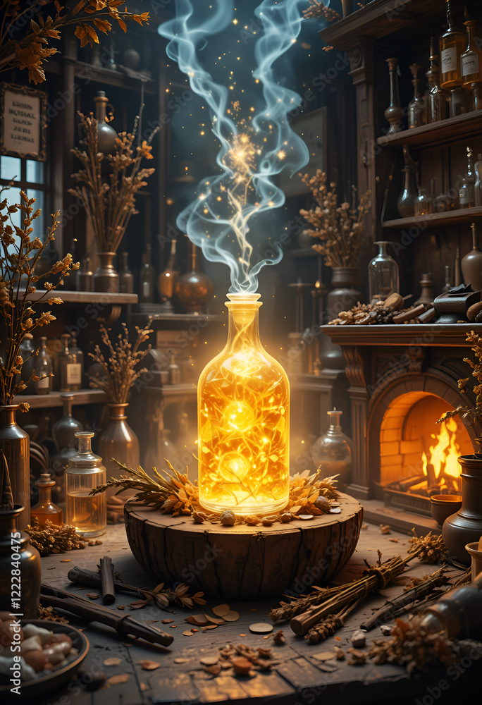 stunning atmosphere design of perfumery laboratory with bottle with magic golden liquid. Digital artwork. Ai generated.