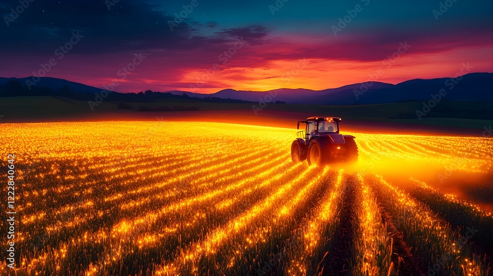 A hardworking tractor plows through luminous golden fields under a glowing sunset, capturing rural charm and agricultural productivity.