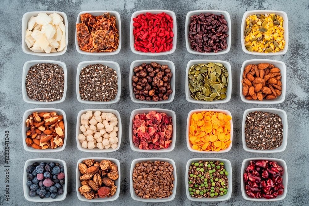 Colorful array of dried fruits, seeds, and nuts arranged beautifully on a textured surface Colorful array of dried fruits, seeds, and nuts arranged beautifully on a textured surface