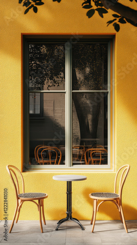 Two wooden chairs and table in front of yellow cafe window