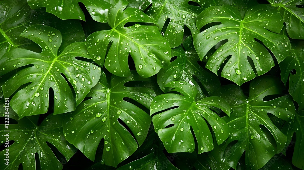 Fototapeta premium Lush Green Monstera Leaves with Water Droplets in Natural Setting