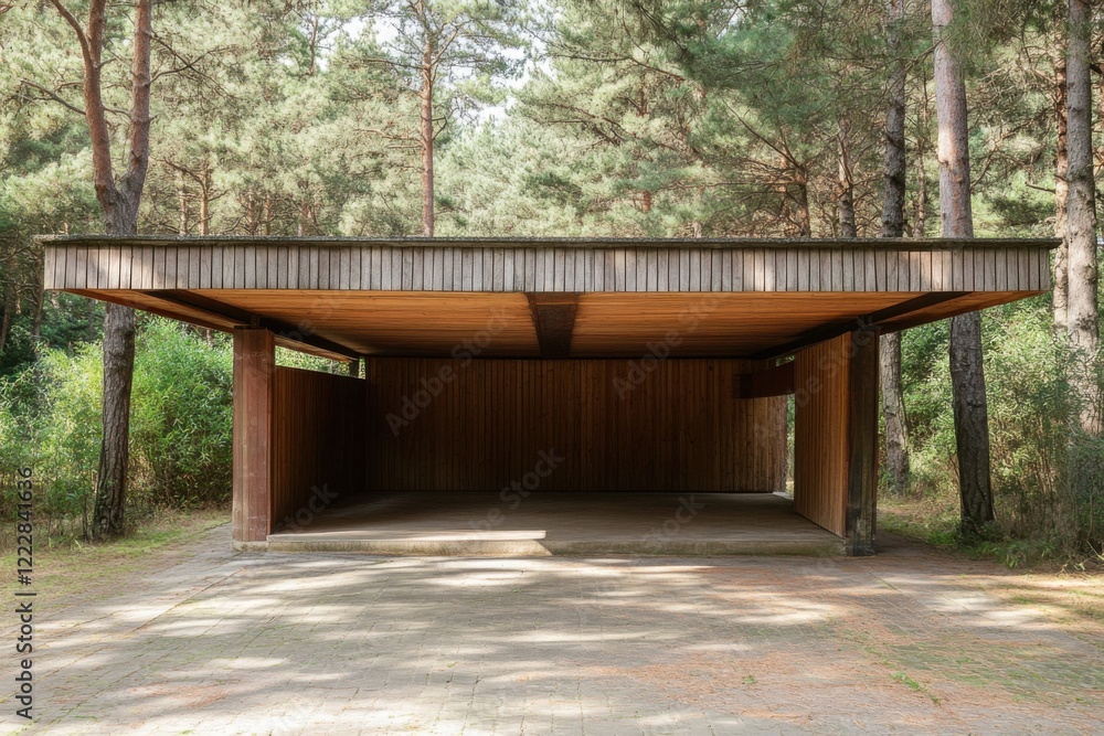 Modern wooden pavilion nestled among tall pine trees in a serene forest setting, showcasing minimalist architecture and harmony with nature Modern wooden pavilion nestled among tall pine trees in a serene forest setting, showcasing minimalist architecture and harmony with nature