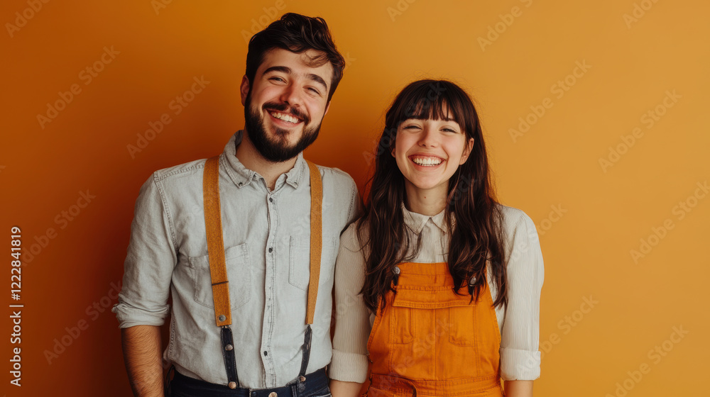 Smiling couple in casual outfits against orange background Smiling couple in casual outfits against orange background