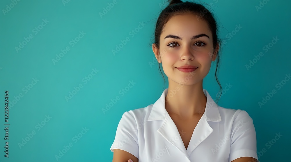 A charming Latin nurse stands with crossed arms, featuring a blue background. A charming Latin nurse stands with crossed arms, featuring a blue background.