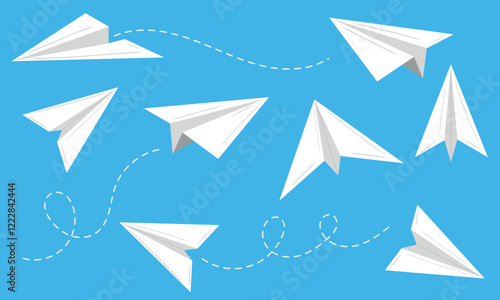 Origami paper plane set in the blue sky with clouds. Hand drawn vector illustration in flat style. Concept of delivery, travel, vacation, tourism. Web icons for message, mail, correspondence, origami