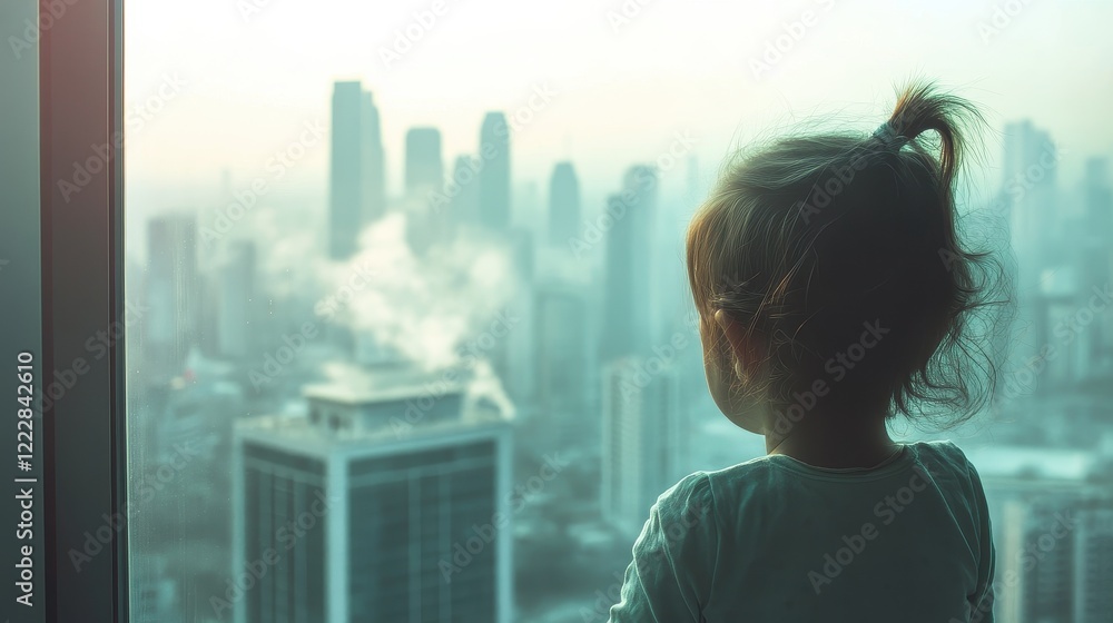 Fototapeta premium A young child looks out the window. The world and the city outside are obscured by air pollution. The concept of emotional and environmental awareness.