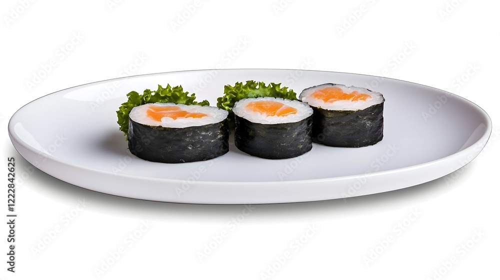 Fresh Salmon Sushi Rolls on White Plate with Green Garnish Fresh Salmon Sushi Rolls on White Plate with Green Garnish